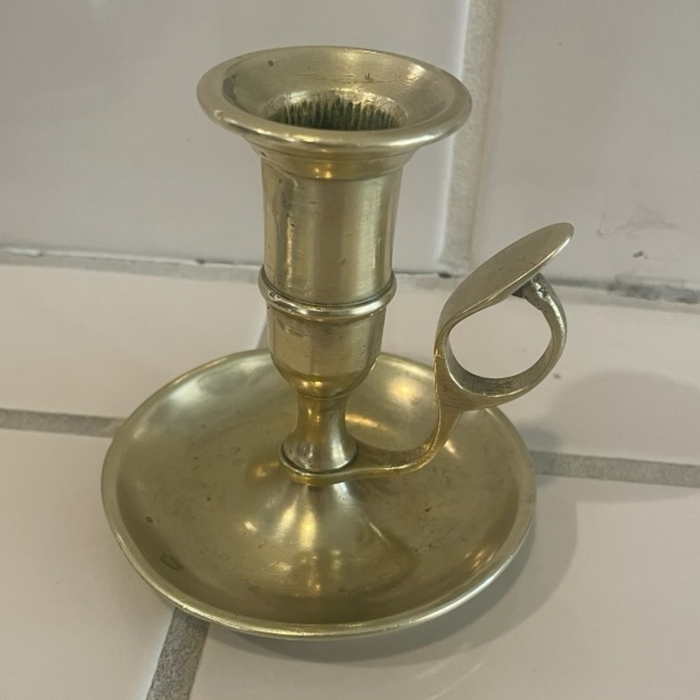 Vintage Handmade Brass Chamber Stick Candle Holder with Finger Loop & Drip